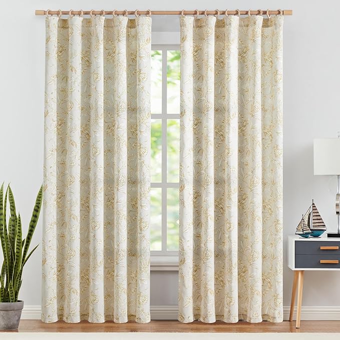 jinchan Floral Curtains 90 Inch Length Mustard Yellow Flower Linen Farmhouse - Image 2