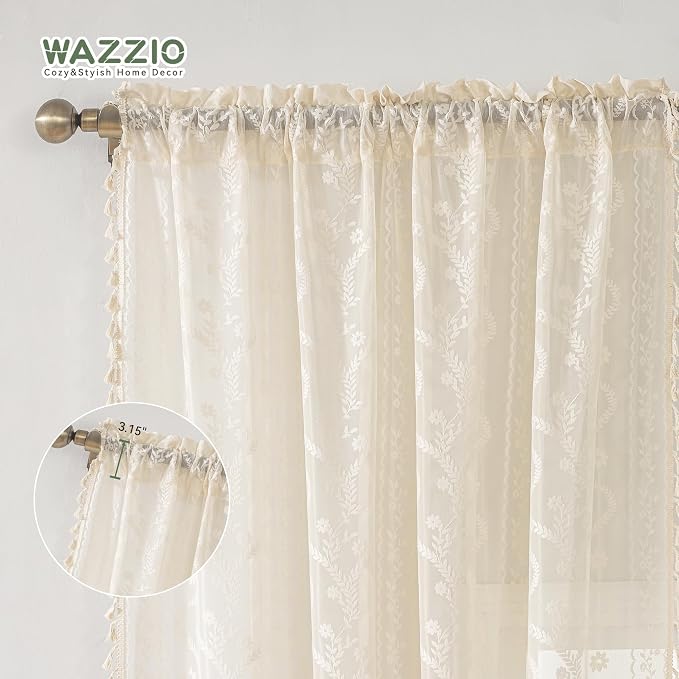 WAZZIO Boho Lace Curtains 2 Panels 63 Inches -Cute Vintage Victorian Sheer - Image 7