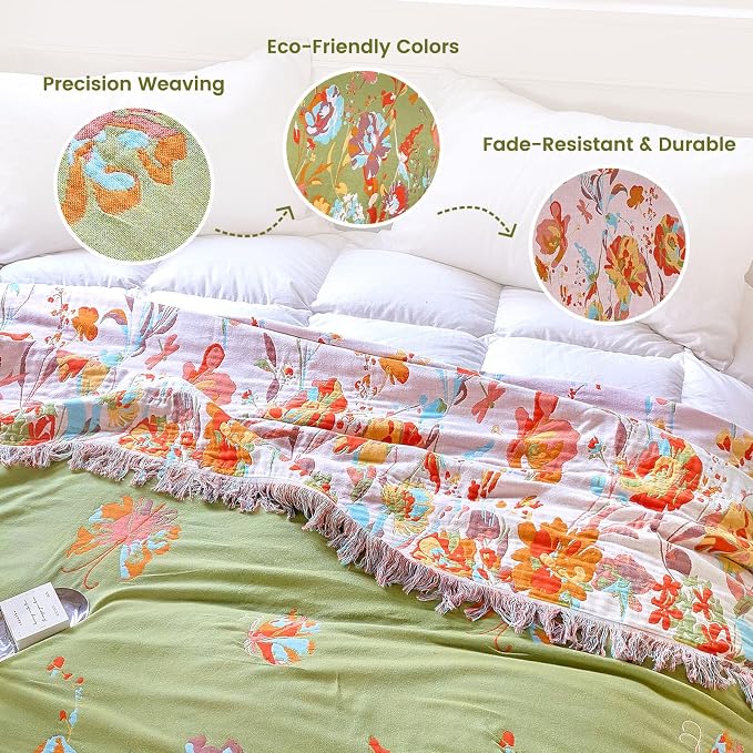 MSGKV Boho Throw Blanket 90"x108" Floral 100% Cotton Blanket - Image 3