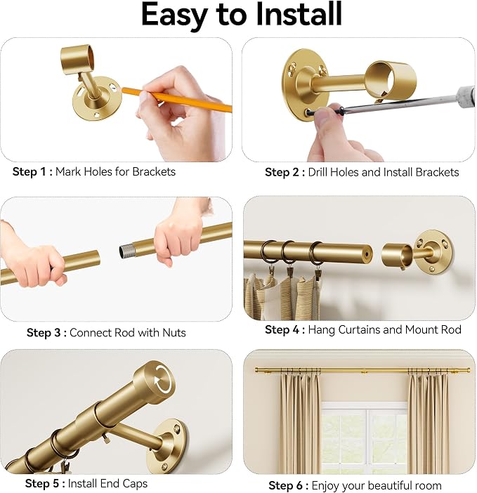 YaFex Heavy Duty Curtain Rods 32-150 Inch, 1 Inch Adjustable Gold Curtain Rod - Image 8