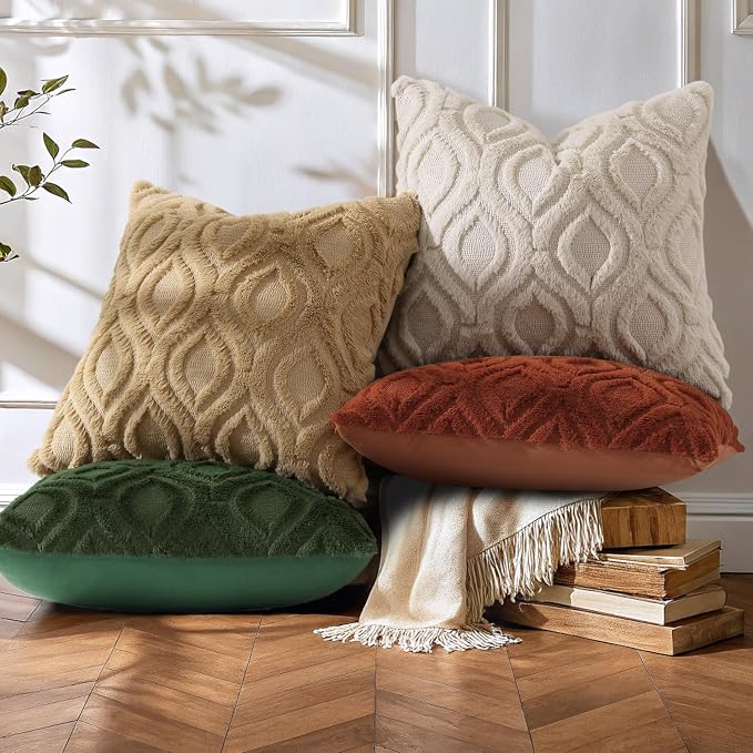 decorUhome Throw Pillow Covers 16x16 Inch Set of 2, Soft Plush Faux Wool Khaki - Image 3