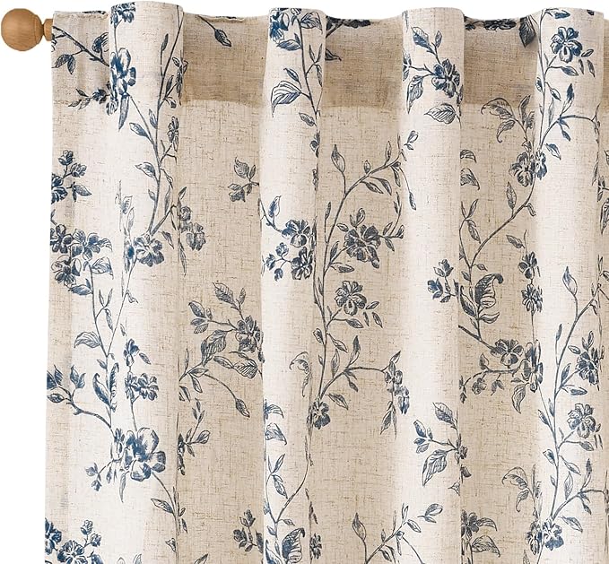 Lazzzy Blue Floral Linen Curtains 96 Inch Farmhouse Back Tab Drapes by Lazzzy