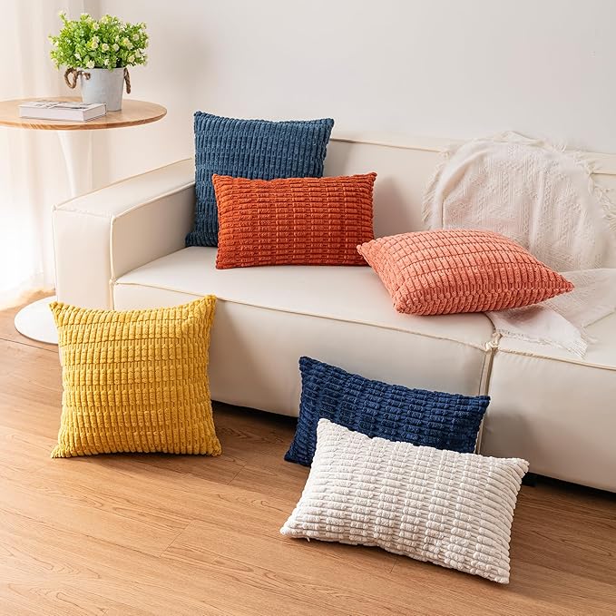 Pack of 2 Corduroy Decorative Throw Pillow Covers 18x18 InchSoft Boho Striped - Image 4