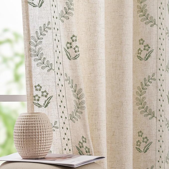 jinchan Belrose Linen Curtains for Bedroom Floral Curtains 90 Inch Length Linen by JINCHAN