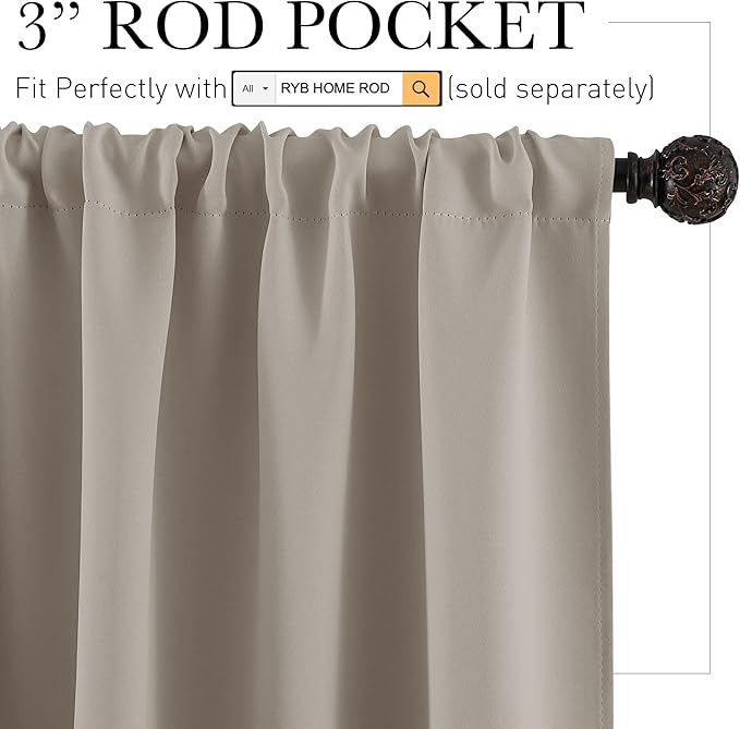 RYB HOME Blackout Curtains for Bedroom Living Room 72 inches Long, Thermal - Image 2