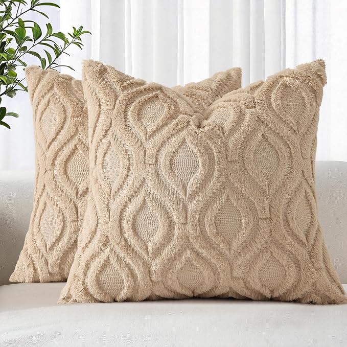 decorUhome Throw Pillow Covers 18x18 Inch Set of 2, Soft Plush Faux Wool Light by decorUhome