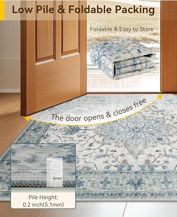 Area Rugs 4'x5' Washable Non-Slip, Floral Vintage Distress Print Pattern - Image 4