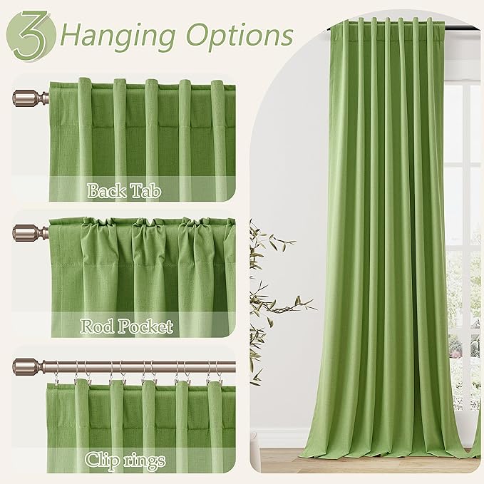 Guken Lime Green 100% Blackout Linen Curtains 108 Inch Length 2 Panels Set - Image 5