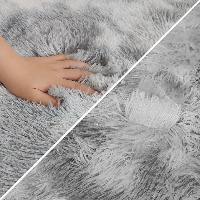 Super Soft Fluffy Living Room Area Rug 2x10 ft Tie-Dyed Light Grey Shaggy Furry - Image 6