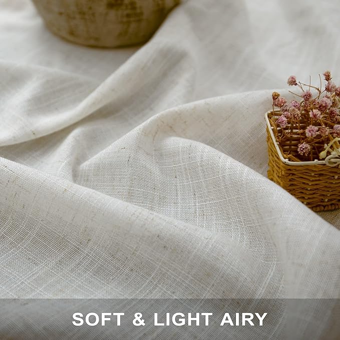 Pitalk 48 Inch Curtains for Cafe Kitchen Cream Linen Semi Sheer Short Curtains - Image 3
