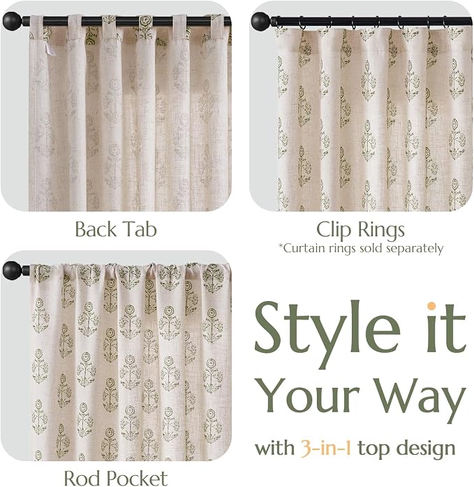 jinchan Linen Floral Curtains for Living Room 63 Inch Length Green Flower - Image 6