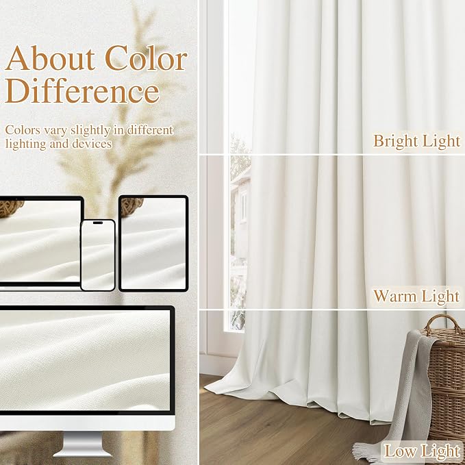 Guken Ivory Linen 100% Blackout Curtains 90 Inch Length 2 Panels Set - Image 7