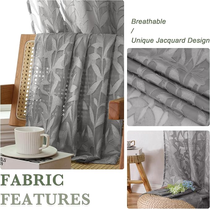 Lecloud Leia Living Room Charcoal Grey Sheer Curtains 45 Inches Length 2 Panels - Image 3