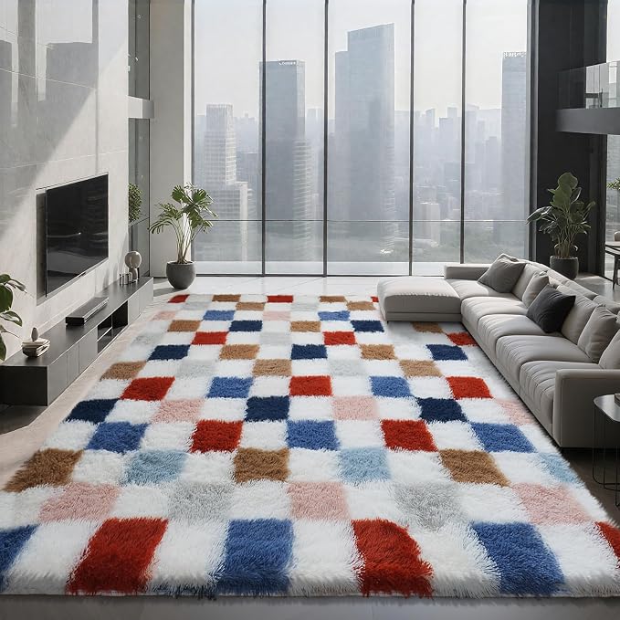 Shag Area Rug for Bedroom Living Room, 6x9 Fluffy Soft Colorful Checkered Rug - Image 8