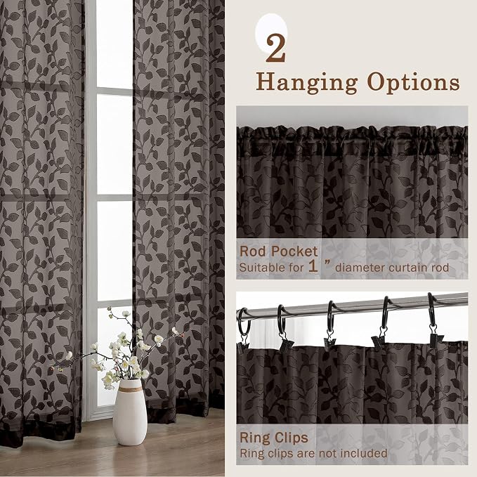 Chyhomenyc Chocolate Sheer Curtains 24 Inch Length, Light Filtering Leaf Tufted - Image 6