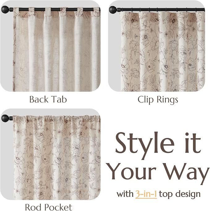 jinchan Floral Linen Curtains for Living Room 96 Inch Length Brown Flower - Image 4