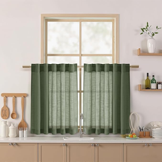 Nanspring Olive Green Linen Curtains 30 Inch Length Short Kitchen, Semi Sheer by Nanspring