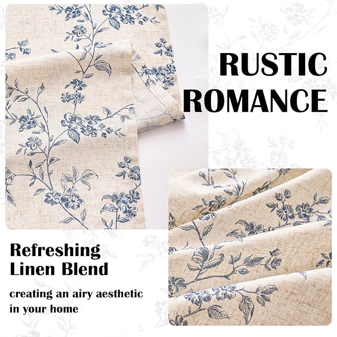 Lazzzy Linen Farmhouse Curtains Blue Floral Curtains 63 Inch Length Back Tab - Image 4