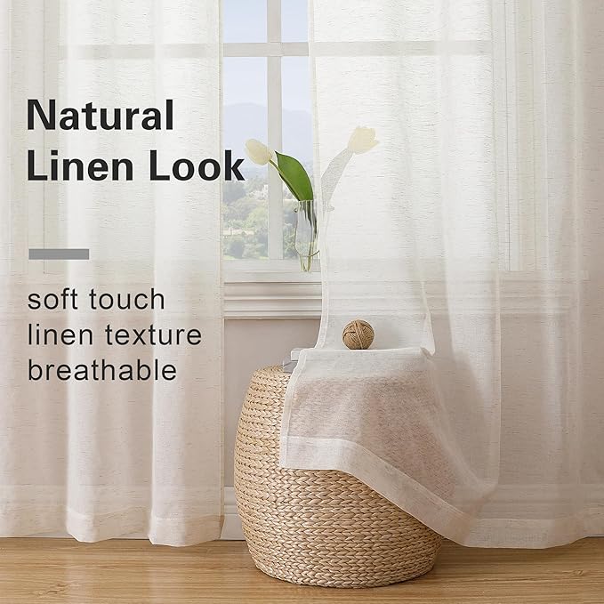 Simplebrand Natural Linen Textured Sheer Curtains 84 inches Length 2 Panels Set - Image 4