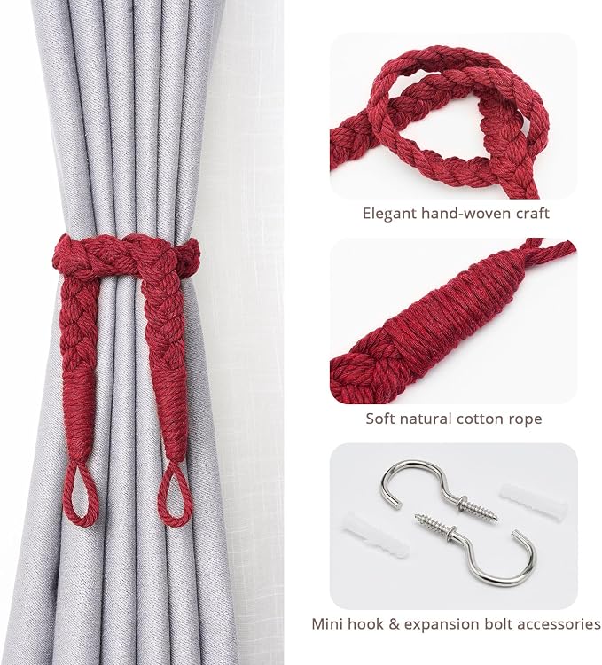 NICEEC 2 Pack Natural Cotton Rope Curtain Tiebacks Elegant Boho Style - Image 2