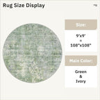 9x9 Green/Ivory Round Rug 9ft Living Room Circle Rug Vintage Round Area Rug Non - Image 5