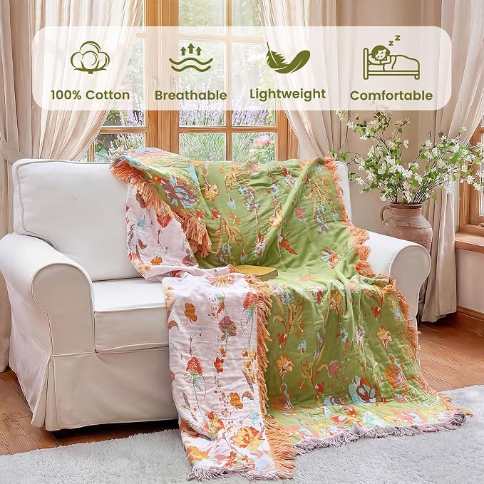 MSGKV Boho Throw Blanket 90"x90" Floral 100% Cotton Blanket - Image 2
