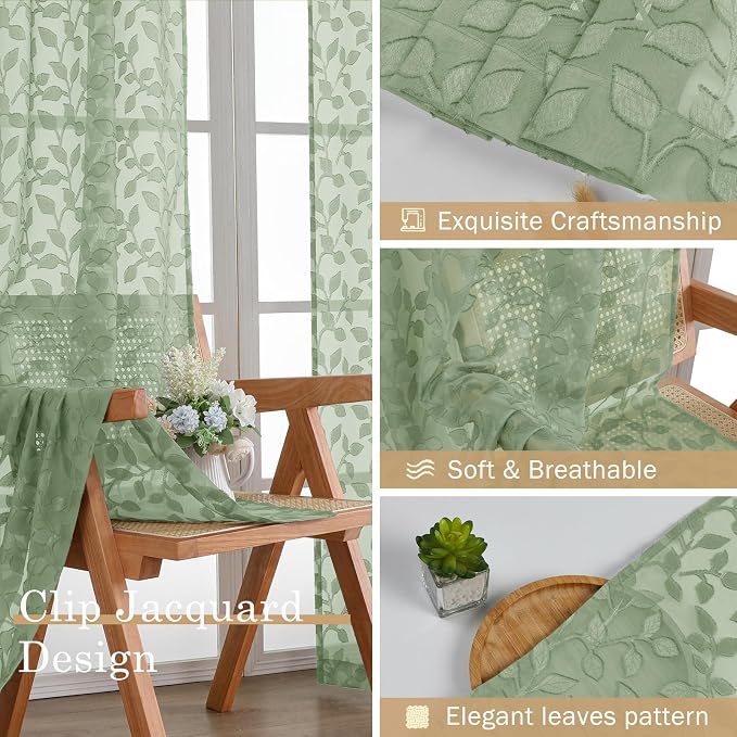 Chyhomenyc Sage Green Sheer Curtains 96 Inch Length 2 Panels Set, Light - Image 7