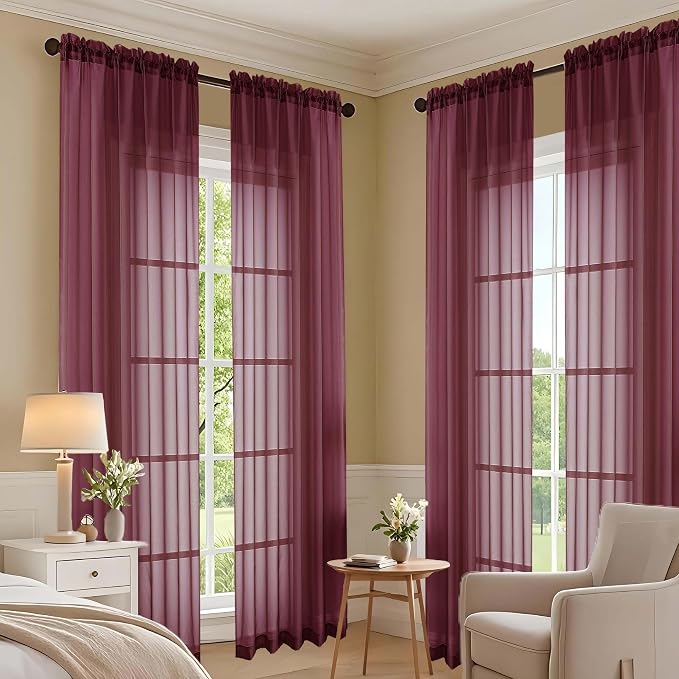 OVZME Burgundy Sheer Curtains 108 Inches Long 2 Panels Set, 59 Inch Extra Wide - Image 7