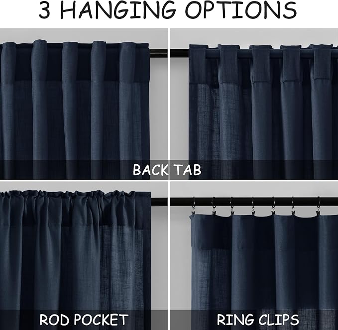 Navy Blue Linen Sheer Curtains 108 Inches Long Back Tab Rod Pocket 2 Panels - Image 3