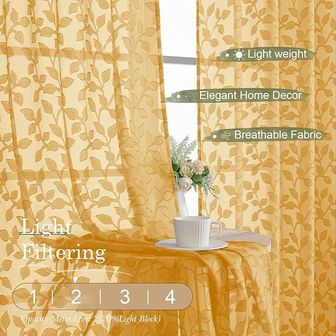 Chyhomenyc Gold Sheer Curtains 84 Inch Length 2 Panels Set, Light Filtering - Image 3