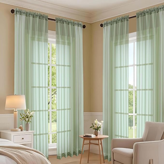 OVZME Sage Green Sheer Curtains 63 Inches Long 2 Panels Set, Light Filtering - Image 7