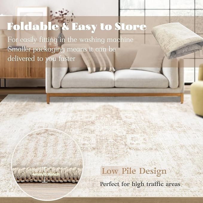 Area Rug 10x12 Washable Rug, Vintage Boho Medallion Rugs Non-Slip Soft Low Pile - Image 7
