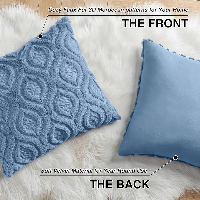 decorUhome Throw Pillow Covers 18x18 Inch Set of 2, Soft Plush Faux Wool Blue - Image 8