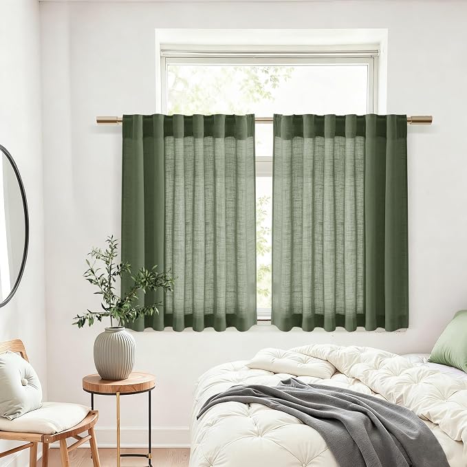 Nanspring Olive Green Linen Curtains 30 Inch Length Short Kitchen, Semi Sheer - Image 6