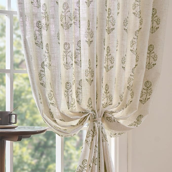 jinchan Linen Floral Curtains for Living Room 63 Inch Length Green Flower - Image 7