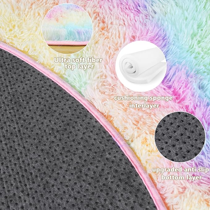 3'x3' Rainbow Round Rugs for Girls Bedroom, Ultra Soft Fluffy Circle Rug for - Image 5