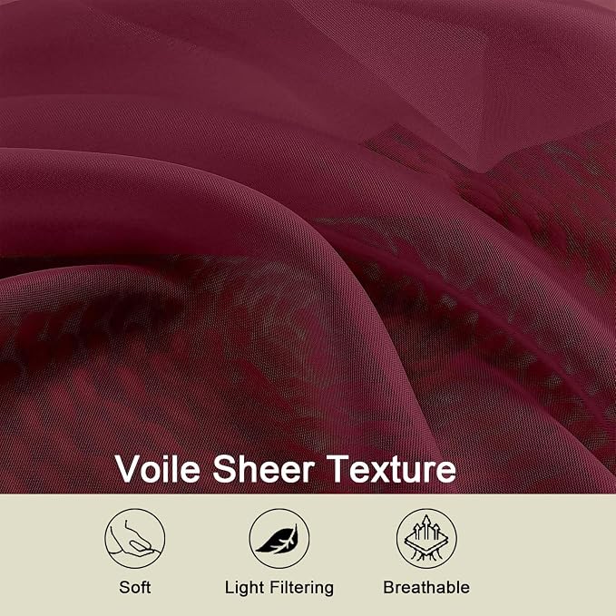 Burgundy Kitchen Curtains 30 Inch Length Tier 2 PCS, Solid Soft Airy Half - Image 3