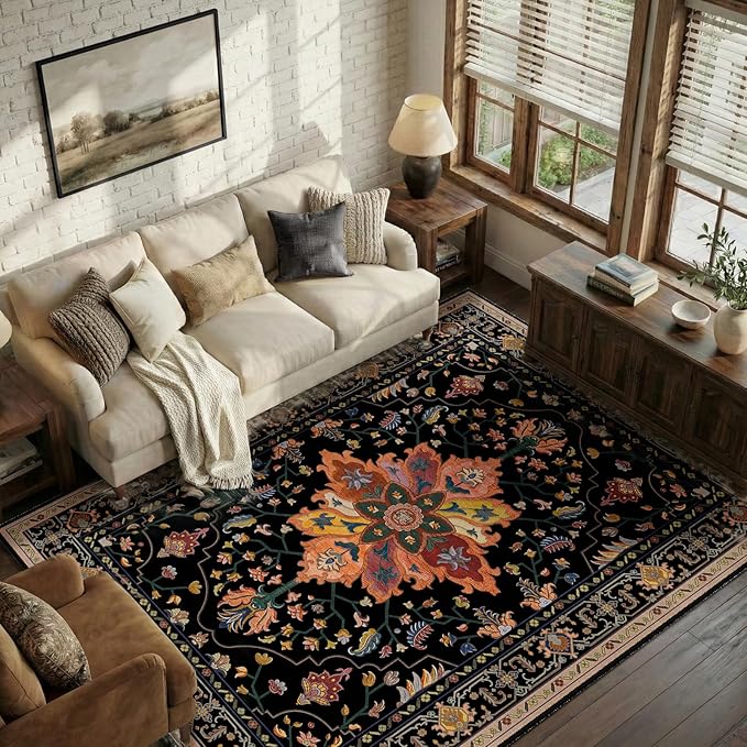RELEANY Area Rugs 6'x9' Washable Non-Slip, Floral Vintage Distress Print by RELEANY