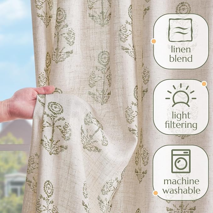 jinchan Linen Floral Curtains for Living Room 63 Inch Length Green Flower - Image 4