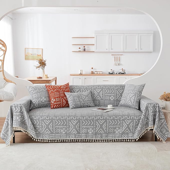 HANDONTIME Bohemian Grey and White Couch Cover by HANDONTIME
