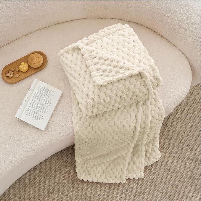 BEDELITE Fleece Blanket Twin for Bed Couch, 3D Jacquard Decorative Cream Throw - Image 8