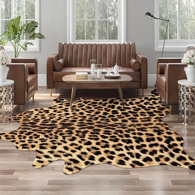 AROGAN Premium Leopard Print Rug 4.6x5.2 Feet, Machine Washable Faux Fur - Image 5