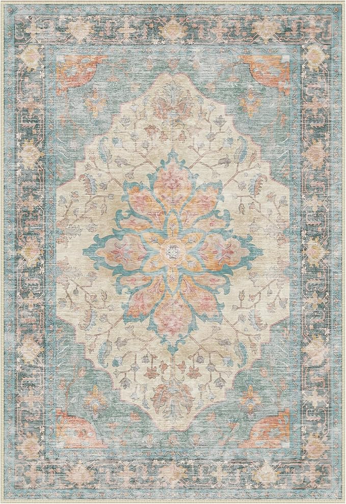 RELEANY Area Rugs Round 6ft Washable Non-Slip, Floral Vintage Distress Print by RELEANY