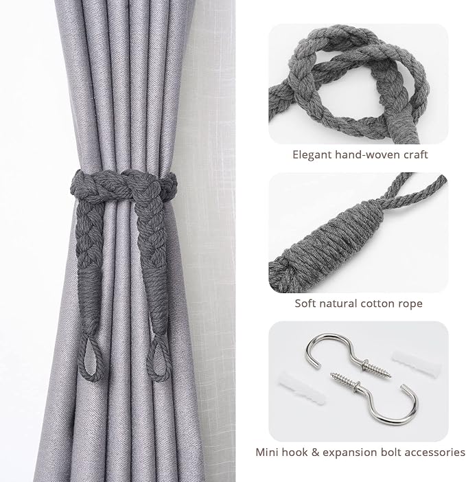 NICEEC 4 Pack Natural Cotton Rope Curtain Tiebacks Elegant Boho Style - Image 2