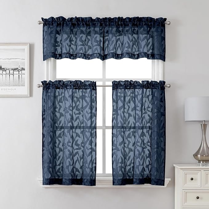 Lecloud Leia Navy Blue Sheer Cafe Curtains 24 Inch Length 2 Pieces, Jacquard - Image 2