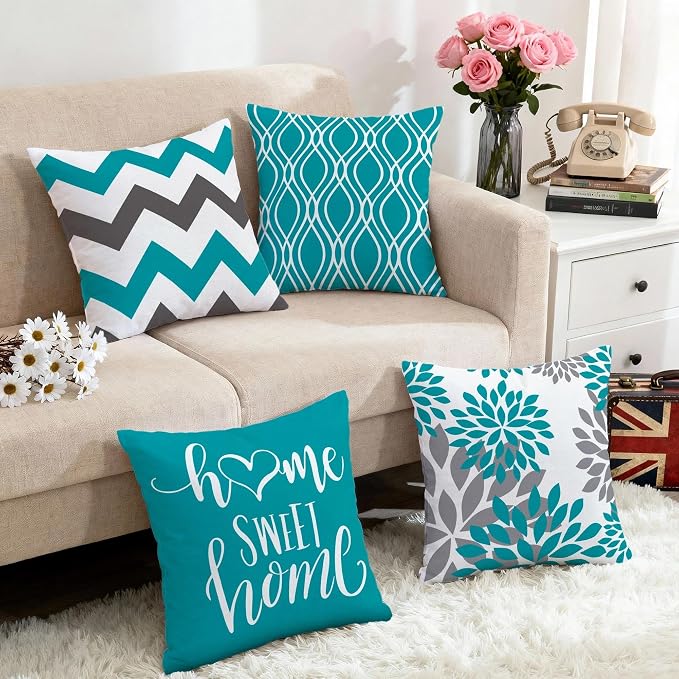 Hexagram Geometric Teal Pillow Covers 20x20 Set of 4, Decorative Outdoor Boho - Image 5