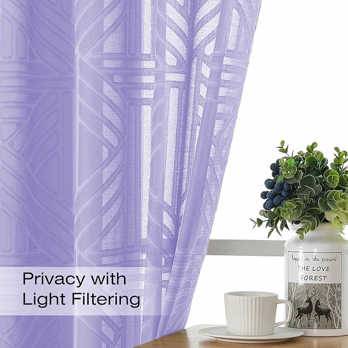 Simplebrand Lavender Semi Sheer Curtains 54 Inch Length 2 Panels, Geometric - Image 2