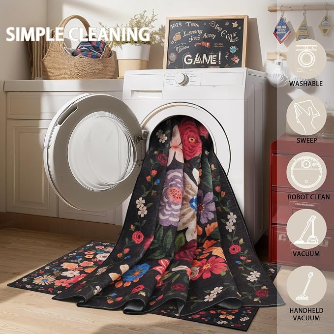 Black/Brown Area Rugs 10x14 Living Room, Non Slip Machine Washable Floral Rugs - Image 5