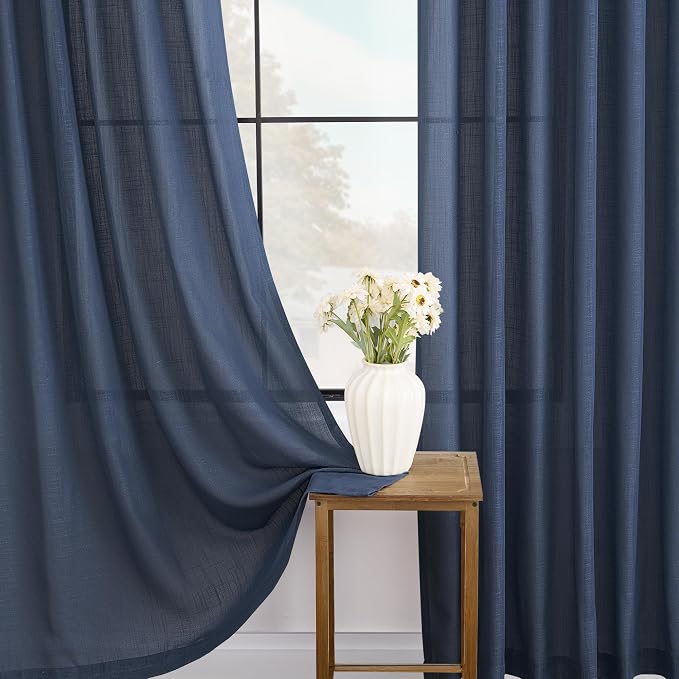 Navy Blue Curtains for Living Room Back Tab Modern Farmhouse Semi Sheer Blue - Image 3