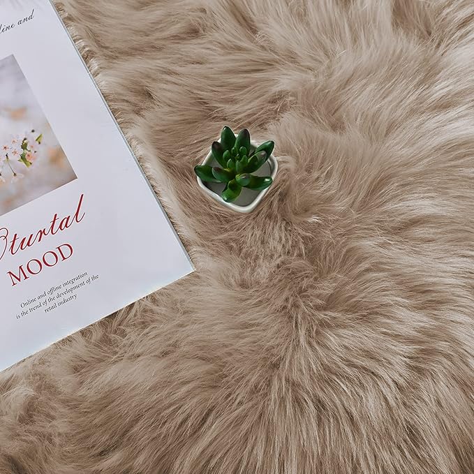 Latepis Round Fur Light Brown Beige Circle Rug 4ft Furry Washable Faux - Image 7